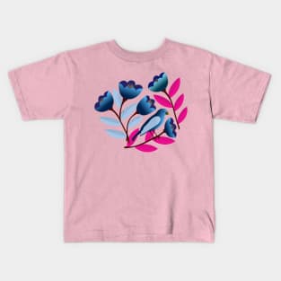 Bold and bright birds amid the tulips Kids T-Shirt